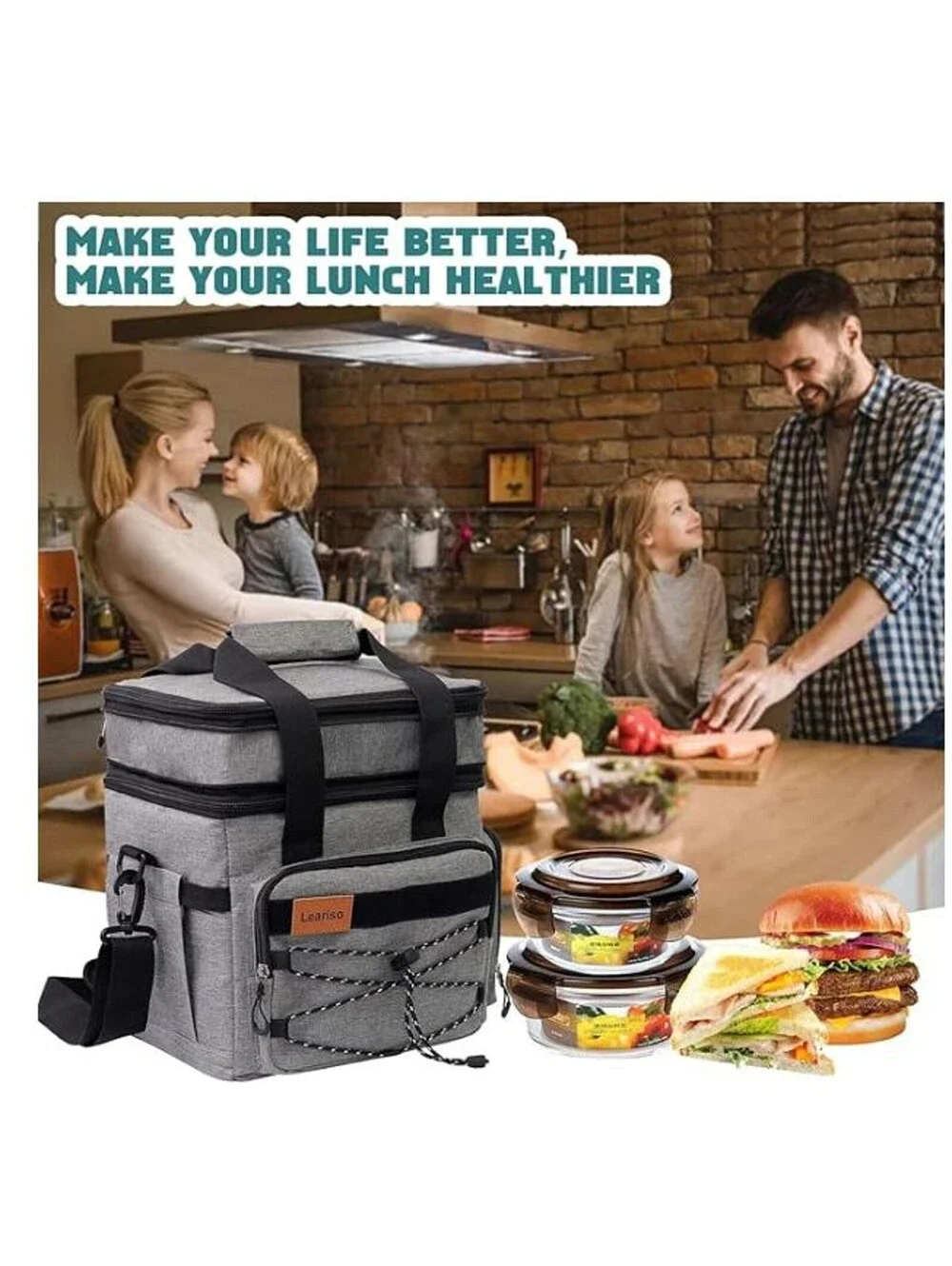 2-Tier Reusable Insulated Lunch Box with Strap, Leakproof